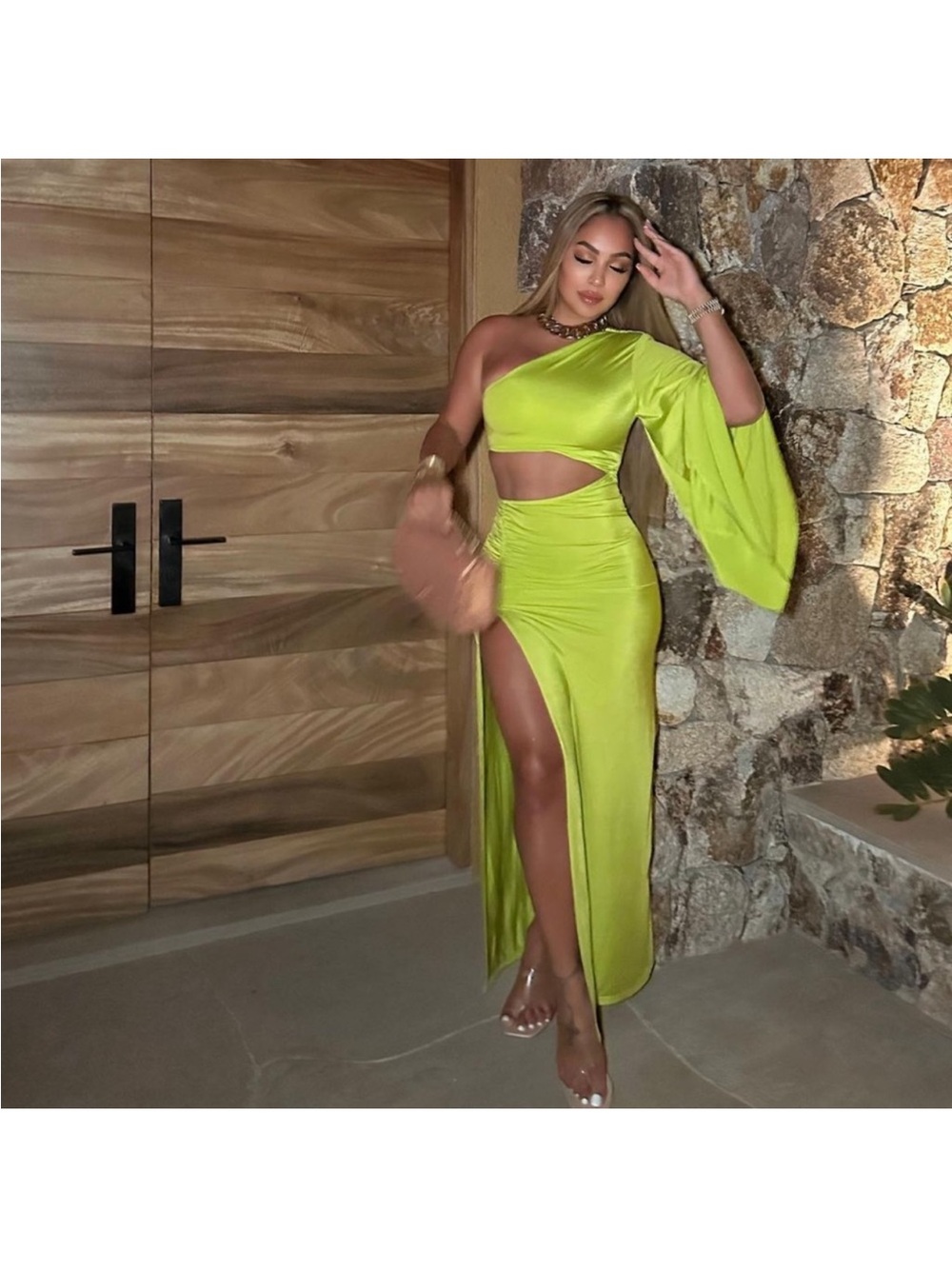 One-Shoulder Lime Green Cutout Maxi Dress